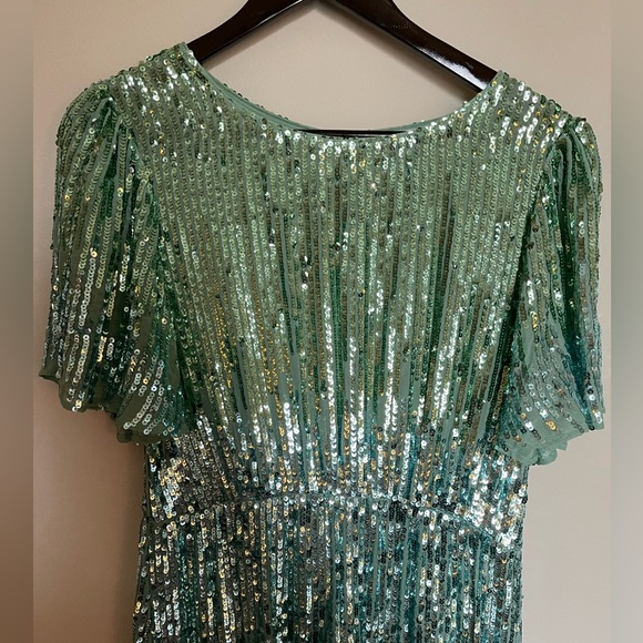 Rixo Sequin Ombré Aqua Turquoise Green Flutter Sleeve Midi Dress Gown - Picture 5 of 10